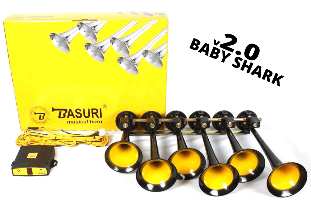 12V - Basuri® Baby Shark Musik-Lufthupe schwarz inkl. MPC-Kompressor (7,5L)  und Einbausatz - 11, 19 oder 31 Melodien