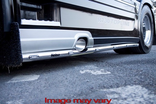 [82SSS15] SideBars St. Steel Scania R2 wb.3,70m met lage sideskirts (uitlaat links zijkant midden) - 5 Amber LED